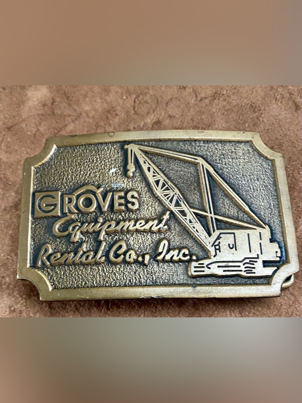 1970s promo Groves equipment rental, heavy equipment brass belt buckle
